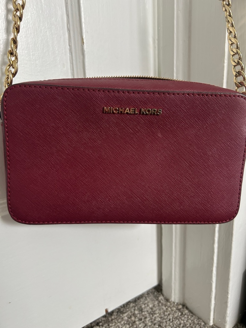 Michael Kors Wine Saffiano Leather Crossbody with Gold Chain
